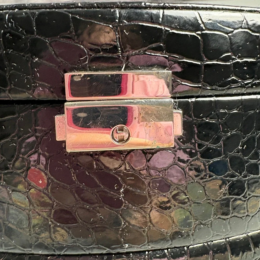 Black Croc Embossed Jewelry Box Organizer Pink Velvet Lining Mirror Mini Trunk